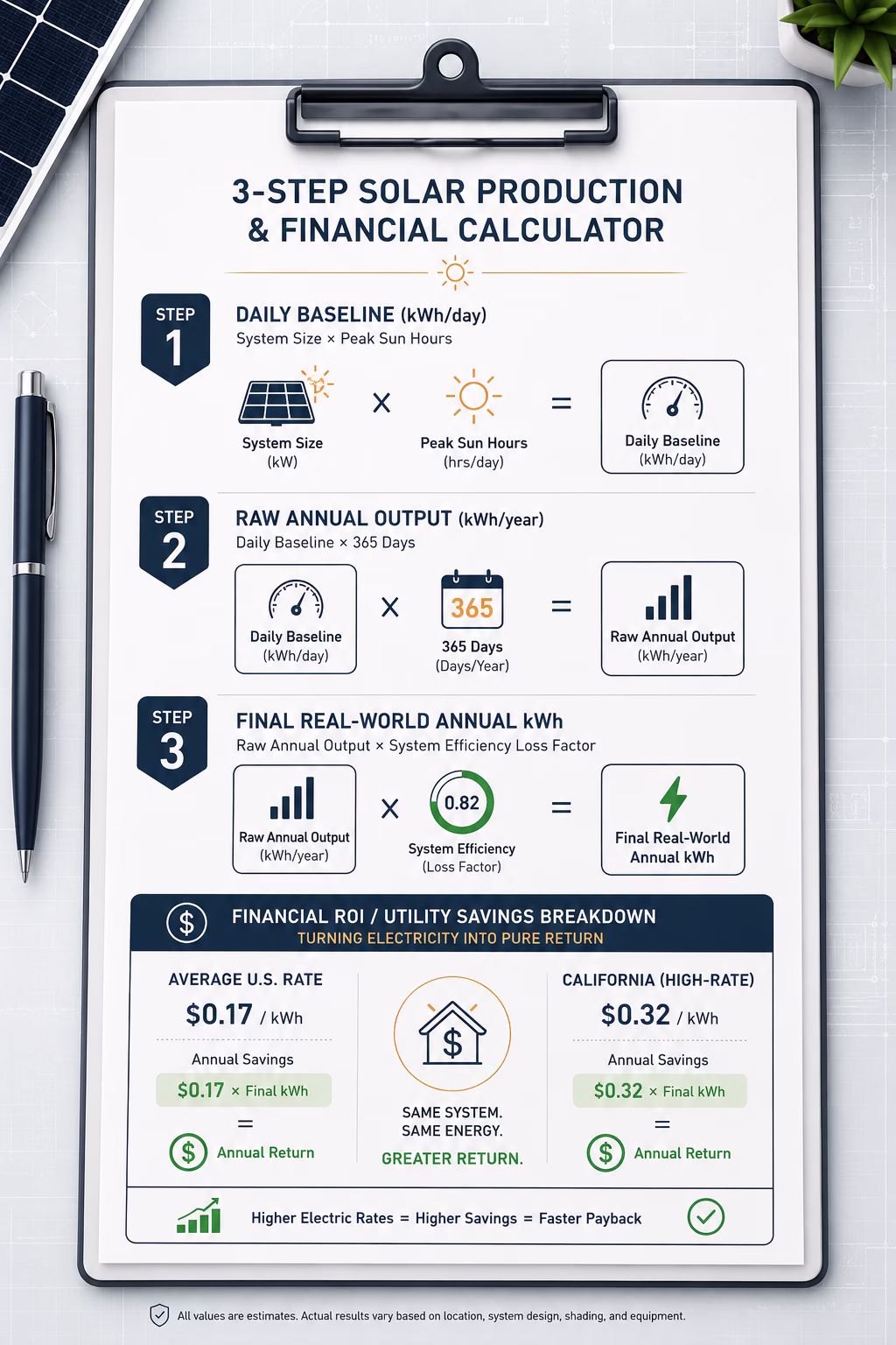 3-step solar energy payback and ROI calculation worksheet infographic